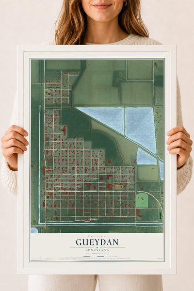 Map of Gueydan, Louisiana, 18 x 24 inch print in a white wood frame