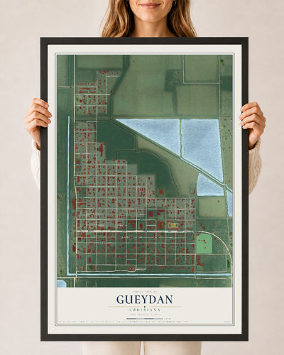 Map of Gueydan, Louisiana, 24 x 36 inch print in a black wood frame