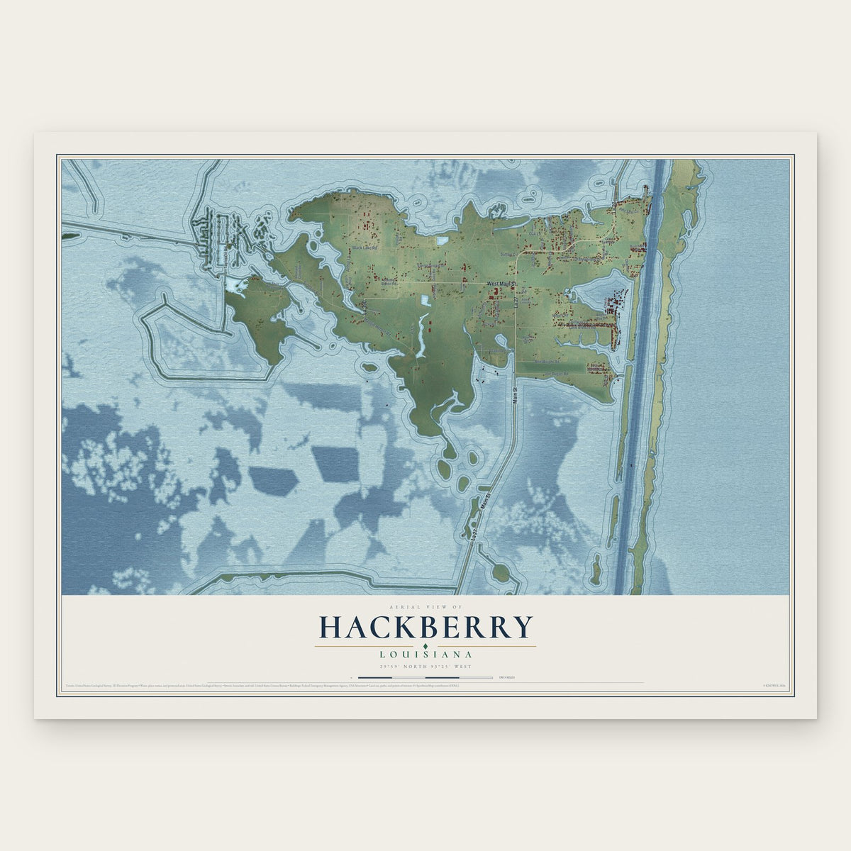 Hackberry, Louisiana map print, the full design