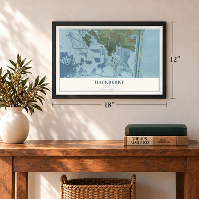 Hackberry, Louisiana map, 12 x 18 inch print in a black frame in an entryway