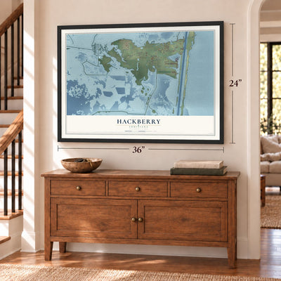 Hackberry, Louisiana map, 24 x 36 inch print in a black frame above a dresser by a staircase