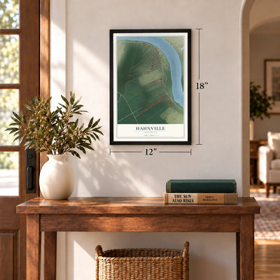 Hahnville, Louisiana map, 12 x 18 inch print in a black frame in an entryway