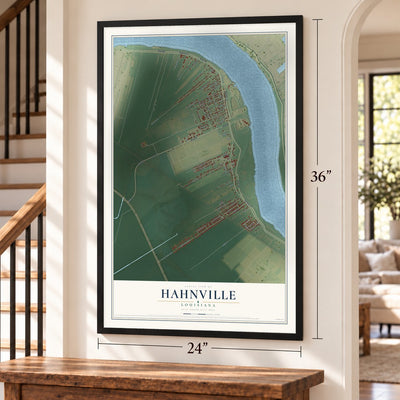 Hahnville, Louisiana map, 24 x 36 inch print in a black frame by a staircase