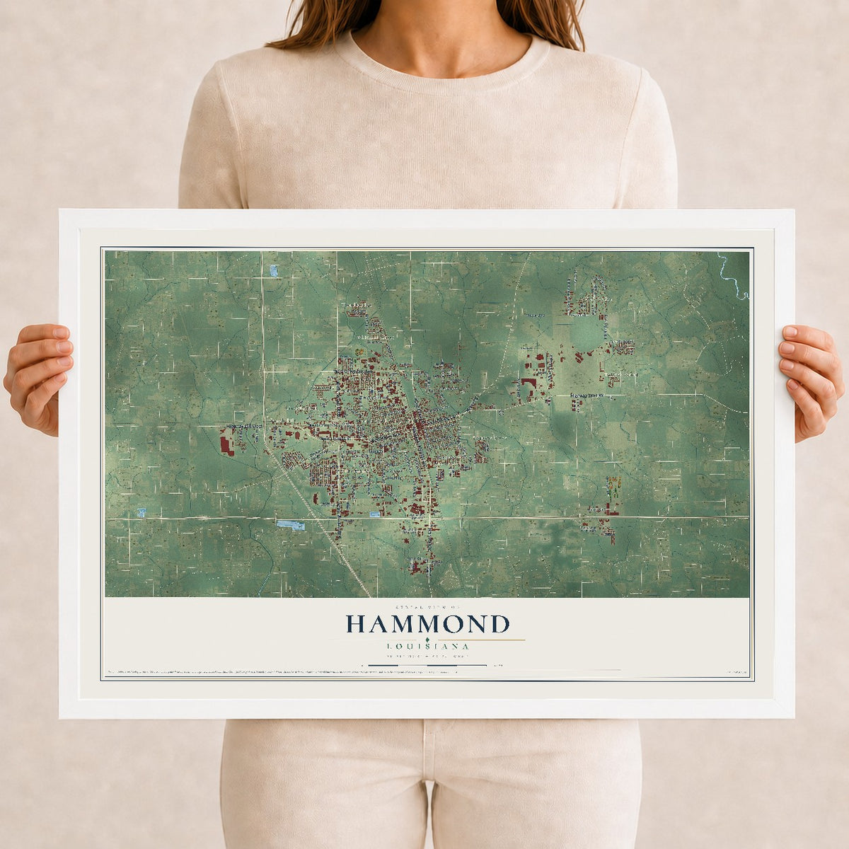 Map of Hammond, Louisiana, 12 x 18 inch print in a white wood frame