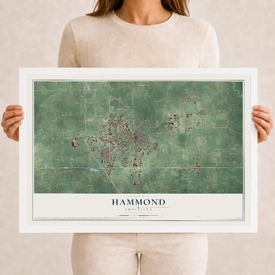 Map of Hammond, Louisiana, 12 x 18 inch print in a white wood frame