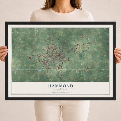 Map of Hammond, Louisiana, 18 x 24 inch print in a black wood frame