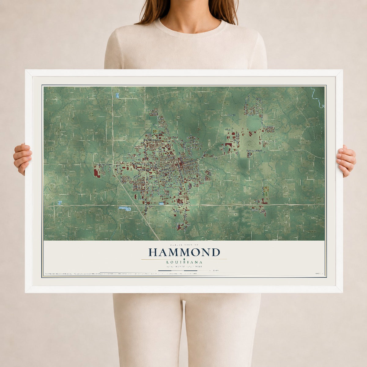 Map of Hammond, Louisiana, 24 x 36 inch print in a white wood frame