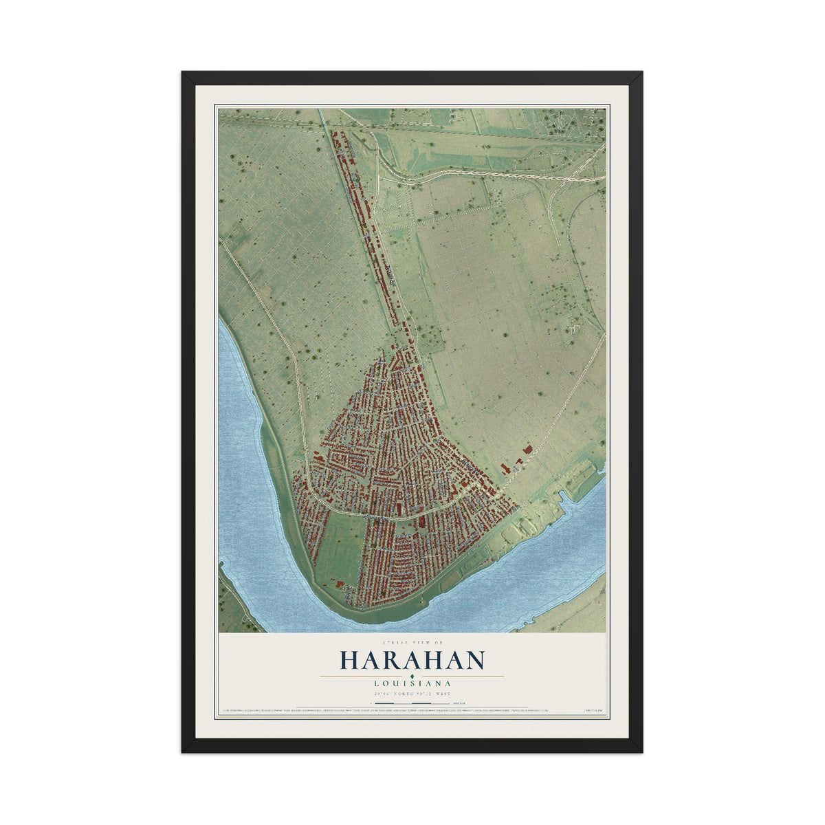 Map of Harahan, Louisiana, 12 x 18 inch print in a black wood frame