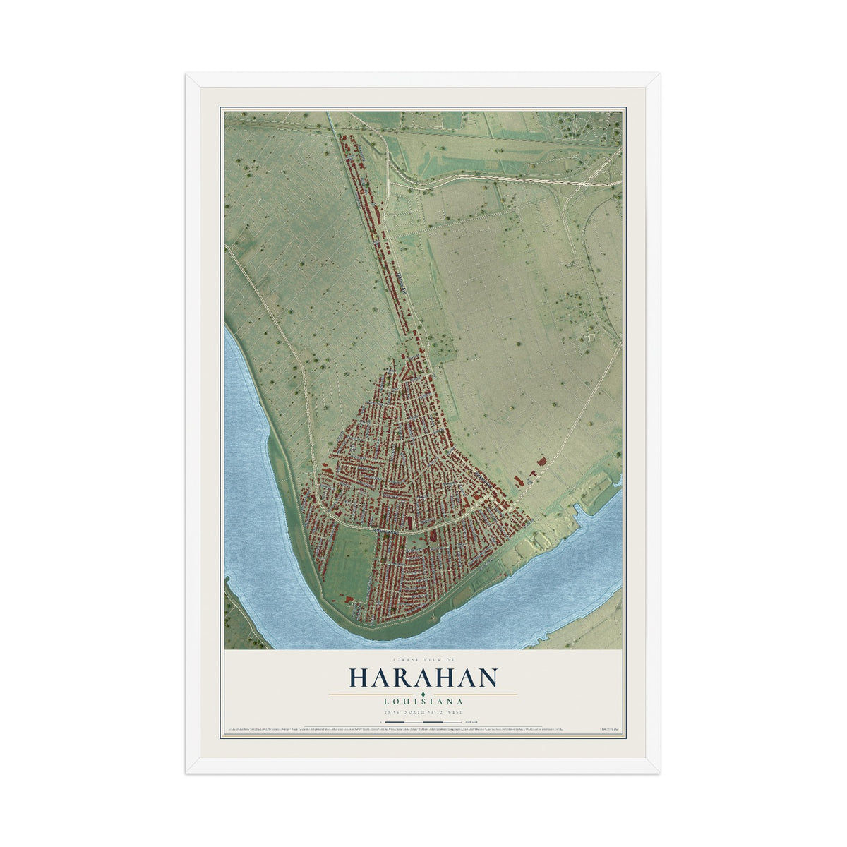 Map of Harahan, Louisiana, 12 x 18 inch print in a white wood frame