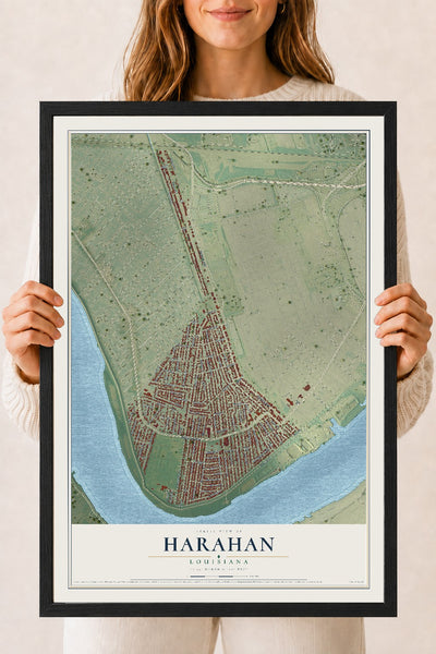 Map of Harahan, Louisiana, 18 x 24 inch print in a black wood frame