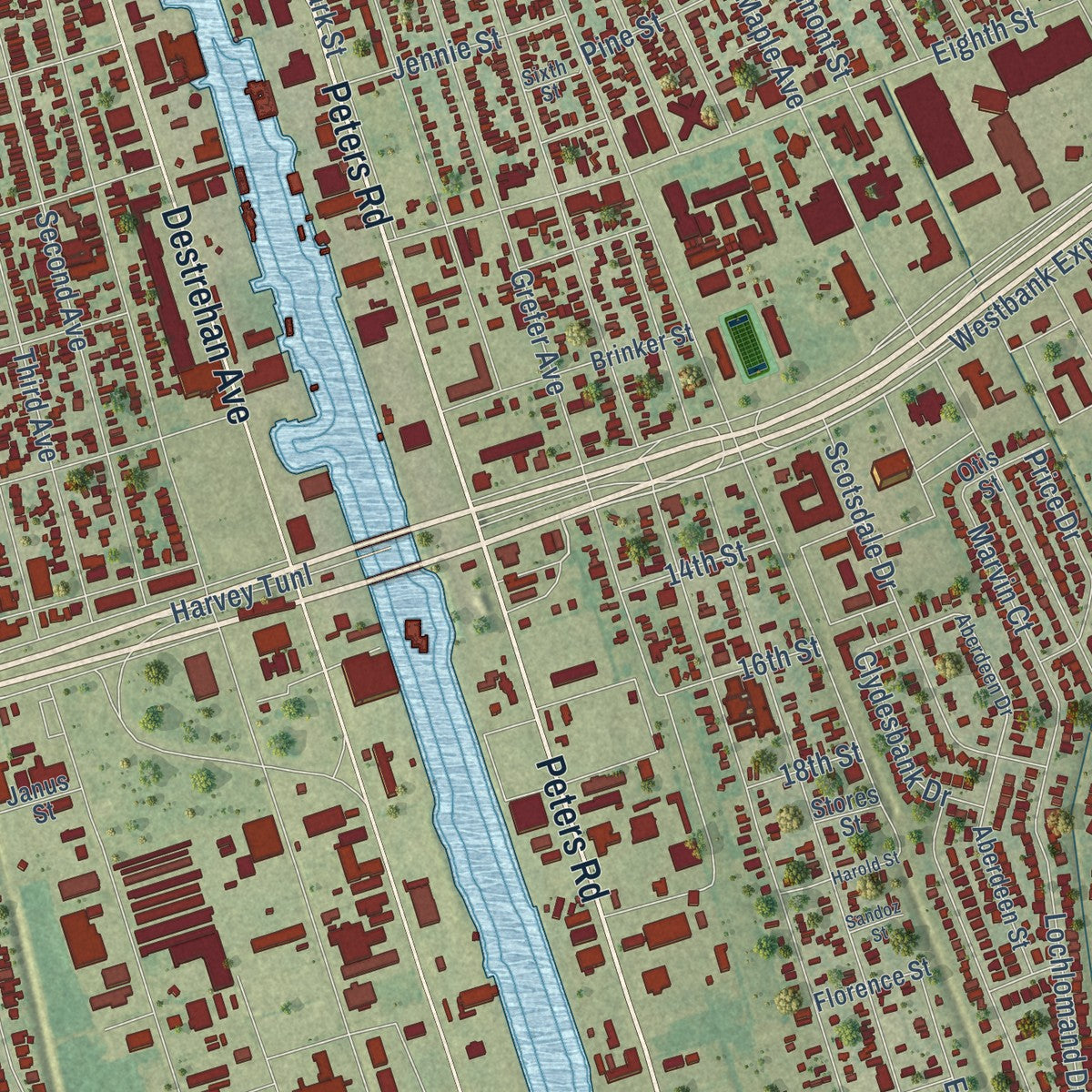 Close-up of the map of Harvey, Louisiana print showing street and building detail