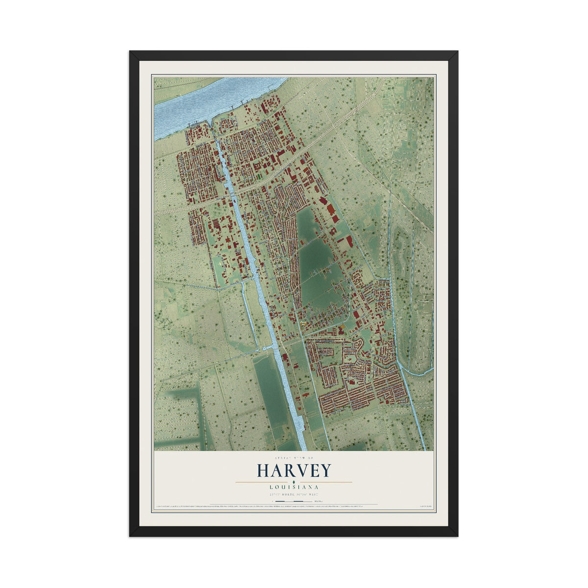 Map of Harvey, Louisiana, 12 x 18 inch print in a black wood frame