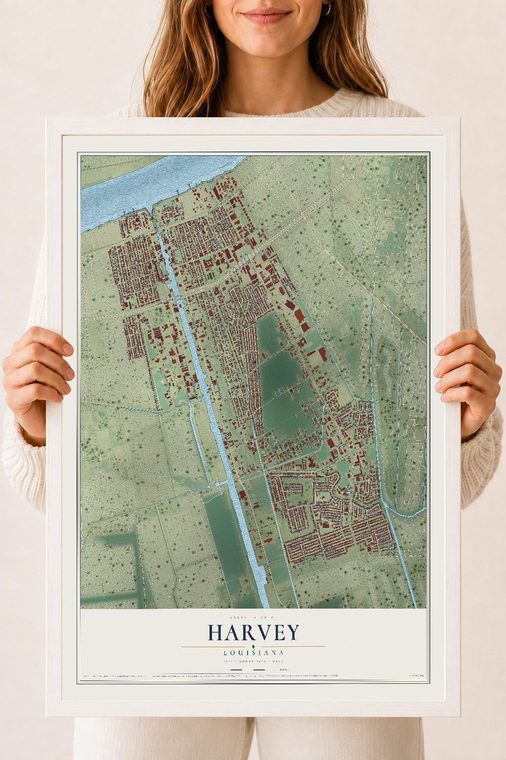 Map of Harvey, Louisiana, 18 x 24 inch print in a white wood frame
