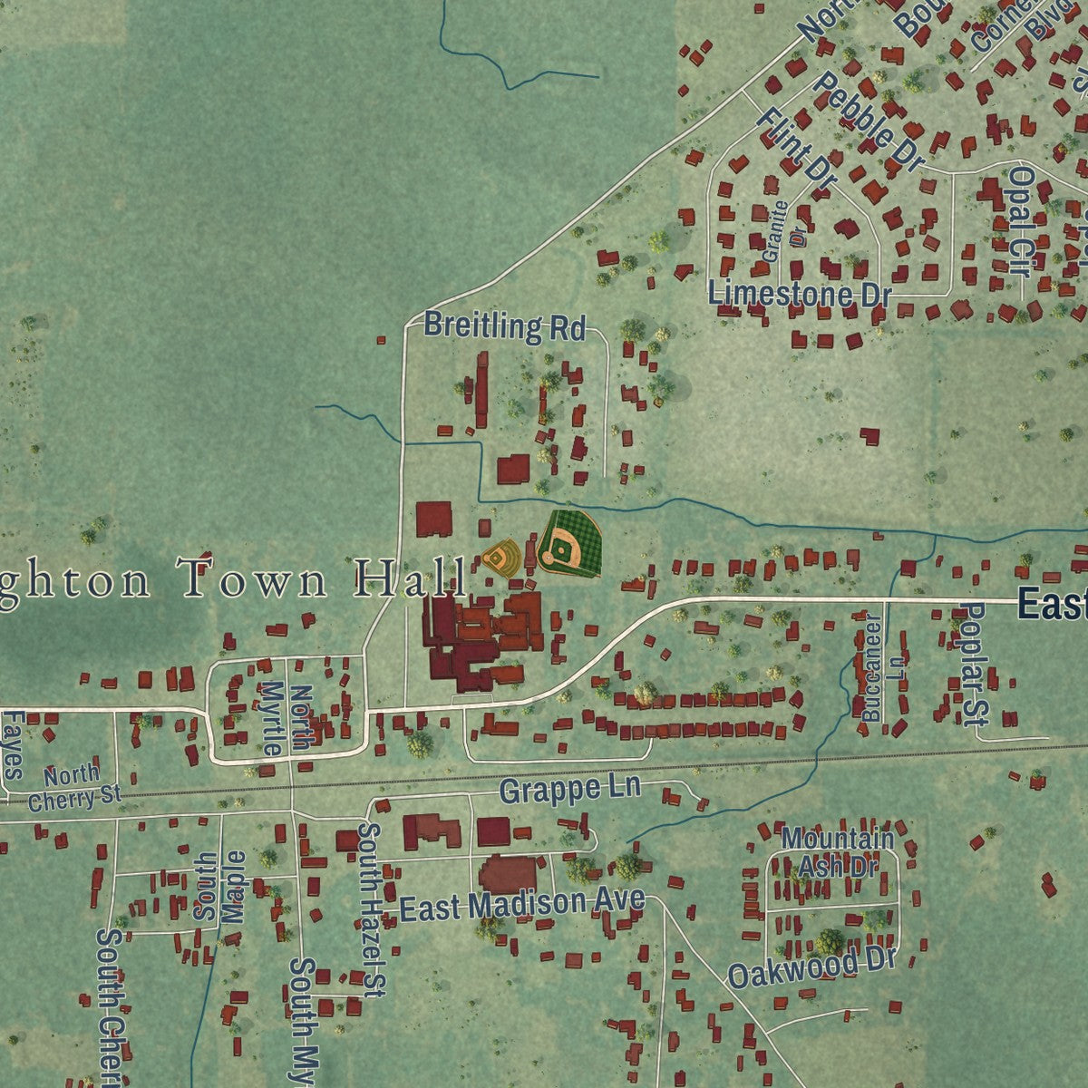 Close-up of the map of Haughton, Louisiana print showing street and building detail