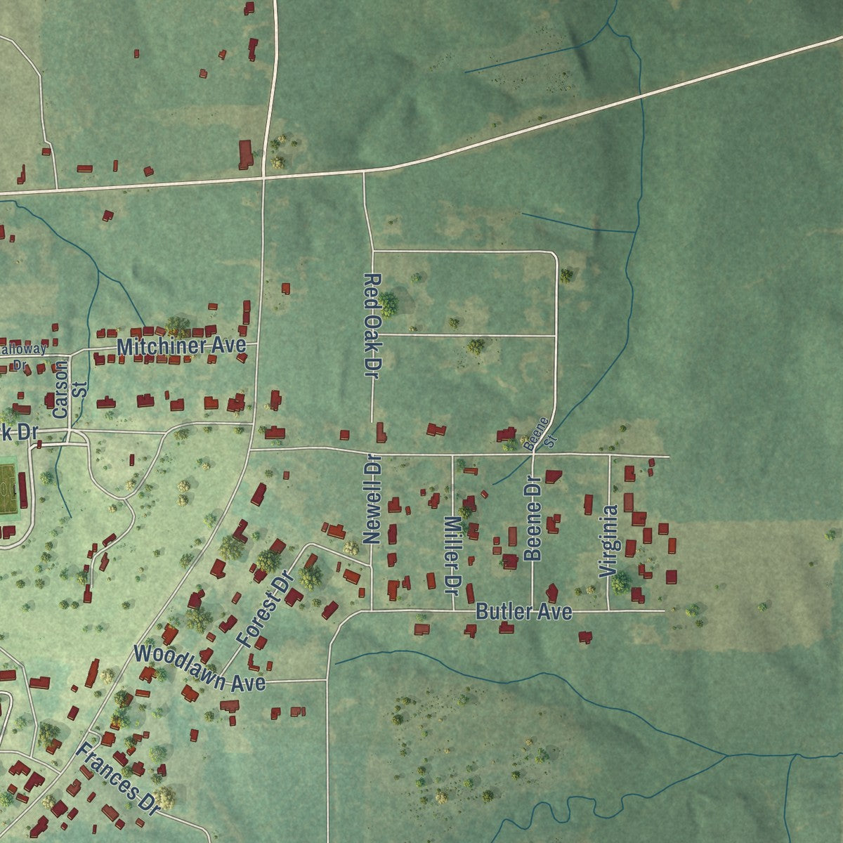 Second close-up of the map of Haynesville, Louisiana print showing more streets and buildings