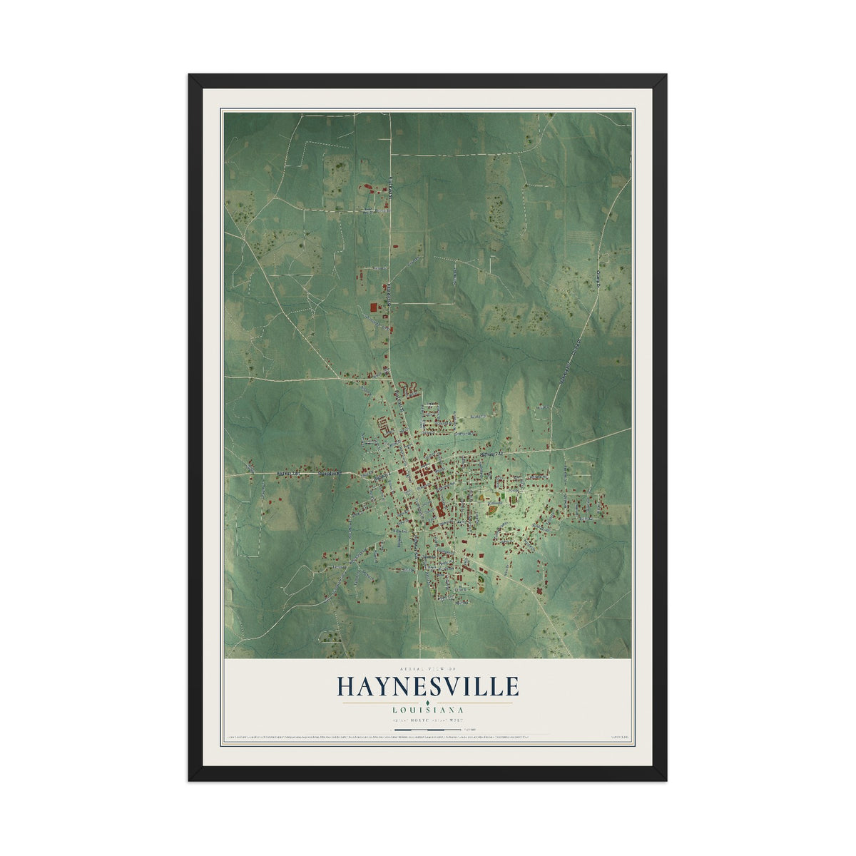Map of Haynesville, Louisiana, 12 x 18 inch print in a black wood frame