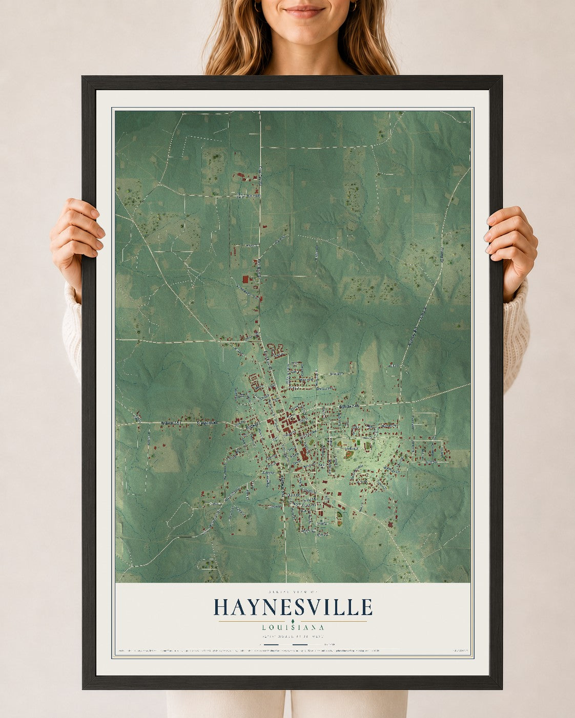 Map of Haynesville, Louisiana, 24 x 36 inch print in a black wood frame