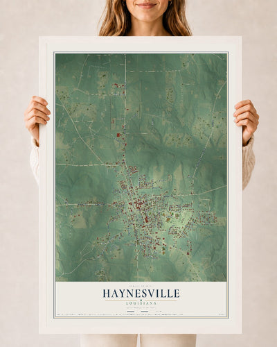 Map of Haynesville, Louisiana, 24 x 36 inch print in a white wood frame