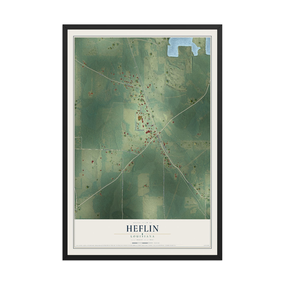 Map of Heflin, Louisiana, 12 x 18 inch print in a black wood frame