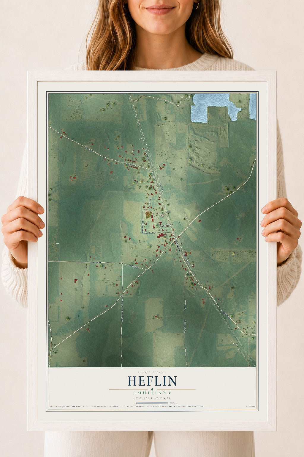Map of Heflin, Louisiana, 18 x 24 inch print in a white wood frame