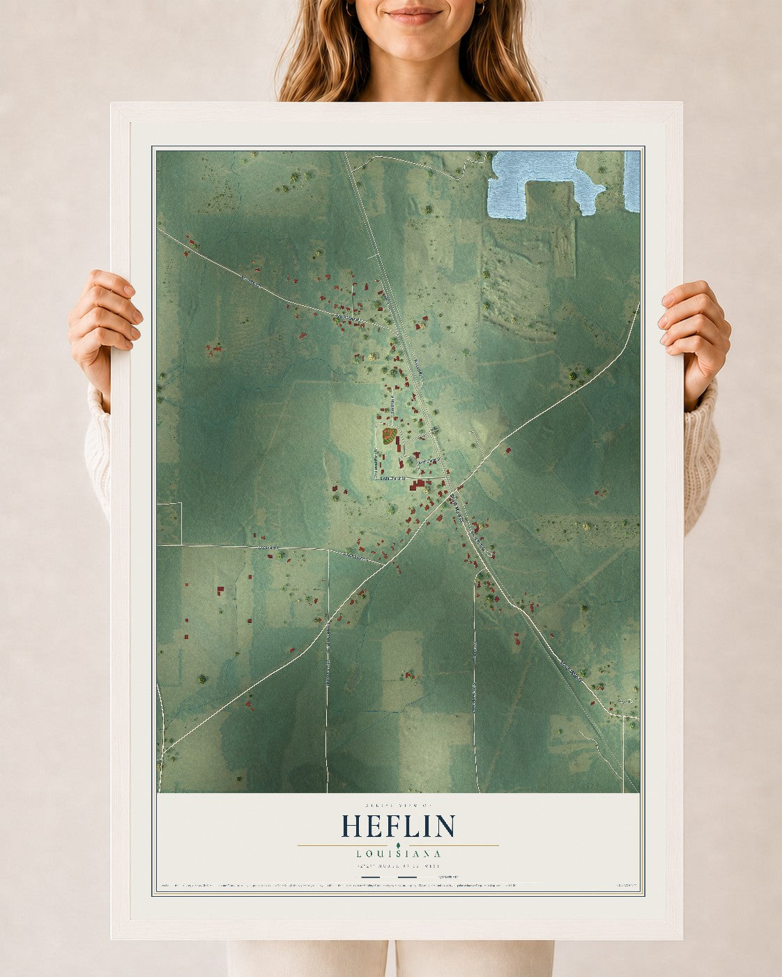 Map of Heflin, Louisiana, 24 x 36 inch print in a white wood frame