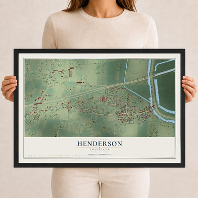 Map of Henderson, Louisiana, 12 x 18 inch print in a black wood frame