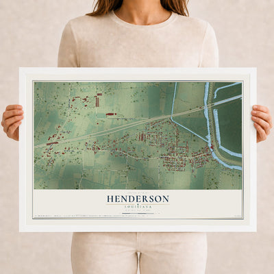 Map of Henderson, Louisiana, 12 x 18 inch print in a white wood frame