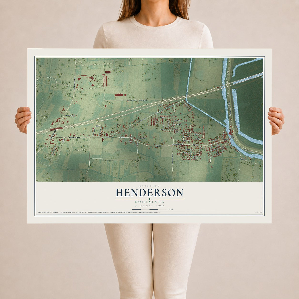 Map of Henderson, Louisiana, 24 x 36 inch unframed archival matte print