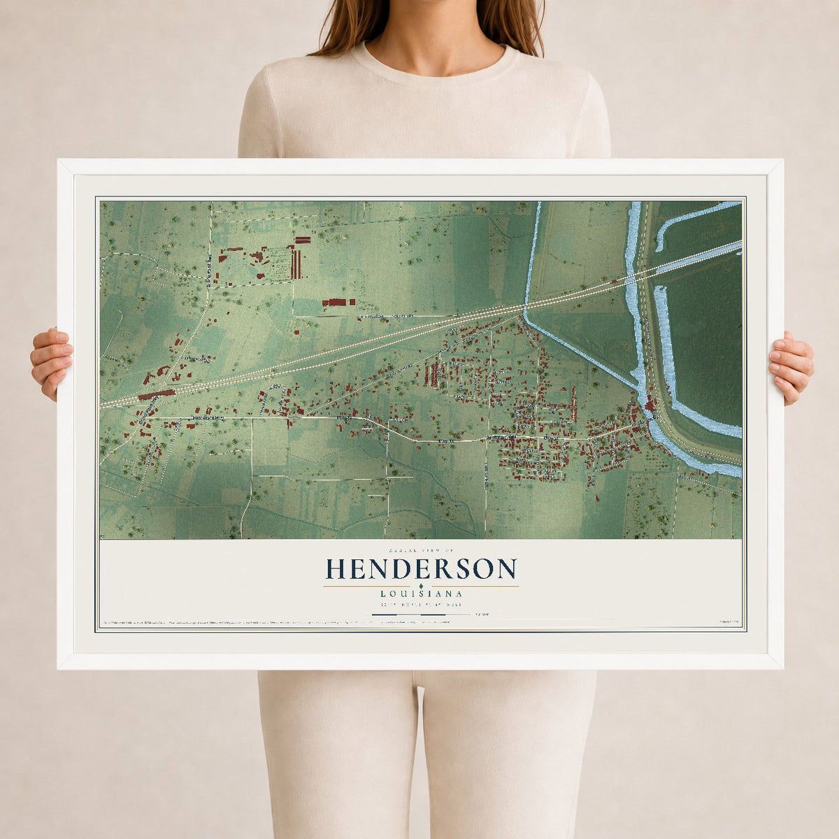 Map of Henderson, Louisiana, 24 x 36 inch print in a white wood frame