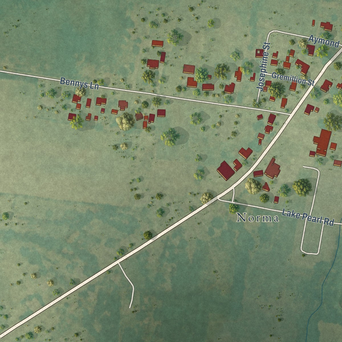 Second close-up of the map of Hessmer, Louisiana print showing more streets and buildings