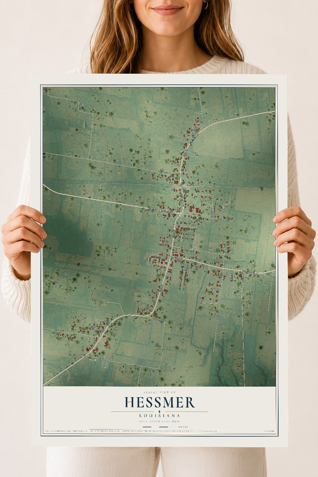 Map of Hessmer, Louisiana, 18 x 24 inch unframed archival matte print