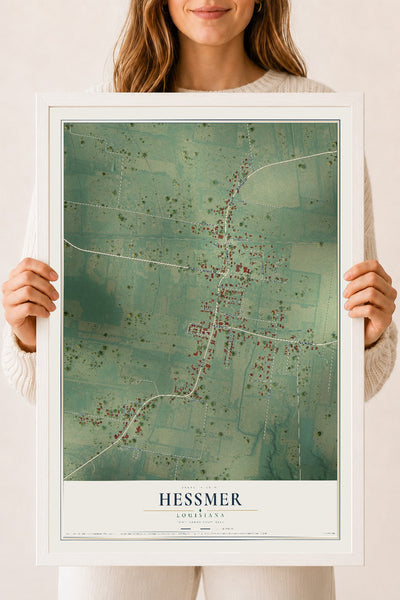 Map of Hessmer, Louisiana, 18 x 24 inch print in a white wood frame