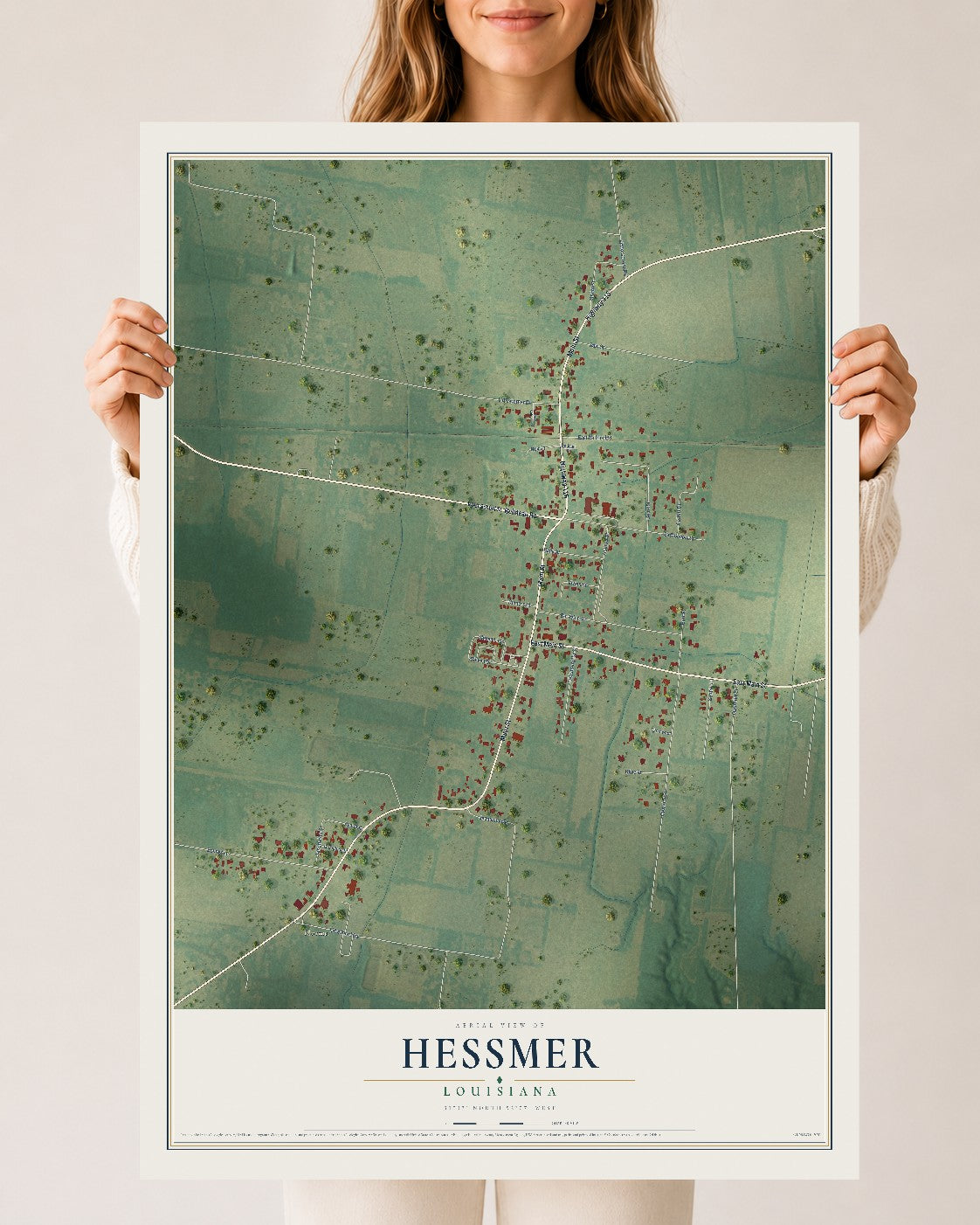 Map of Hessmer, Louisiana, 24 x 36 inch unframed archival matte print