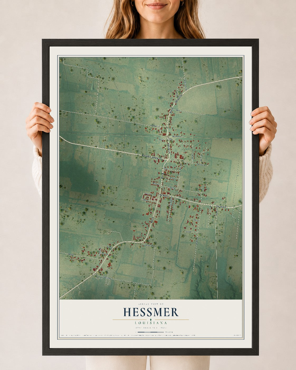 Map of Hessmer, Louisiana, 24 x 36 inch print in a black wood frame