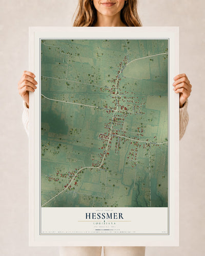 Map of Hessmer, Louisiana, 24 x 36 inch print in a white wood frame