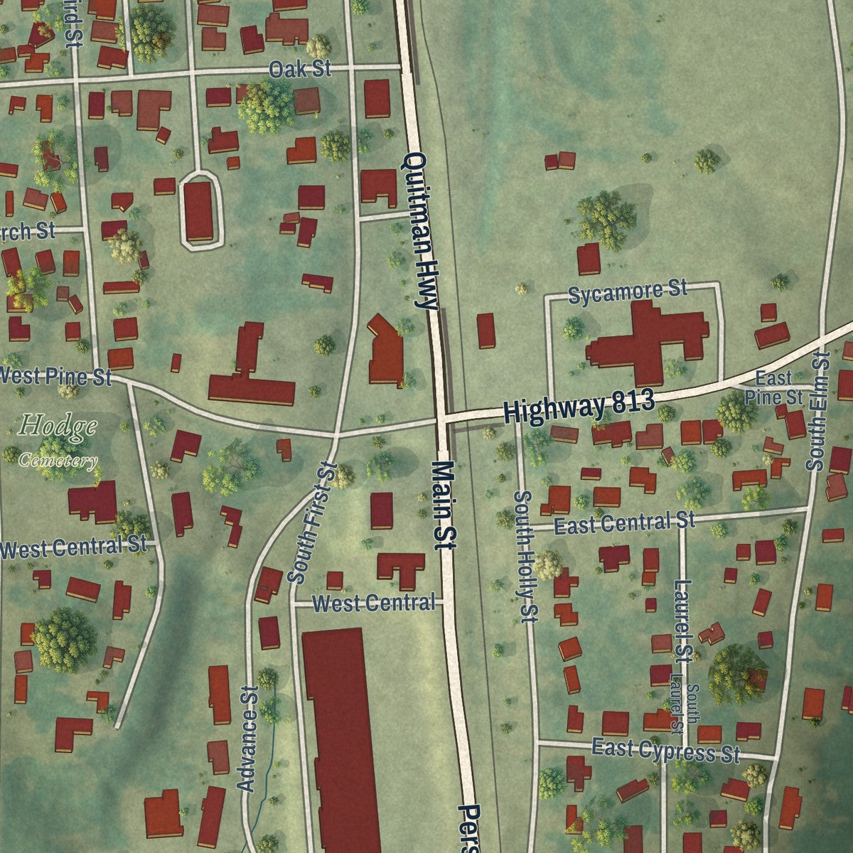 Close-up of the map of Hodge, Louisiana print showing street and building detail