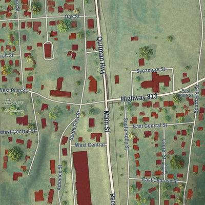 Close-up of the map of Hodge, Louisiana print showing street and building detail