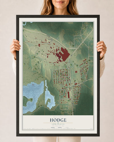 Map of Hodge, Louisiana, 24 x 36 inch print in a black wood frame