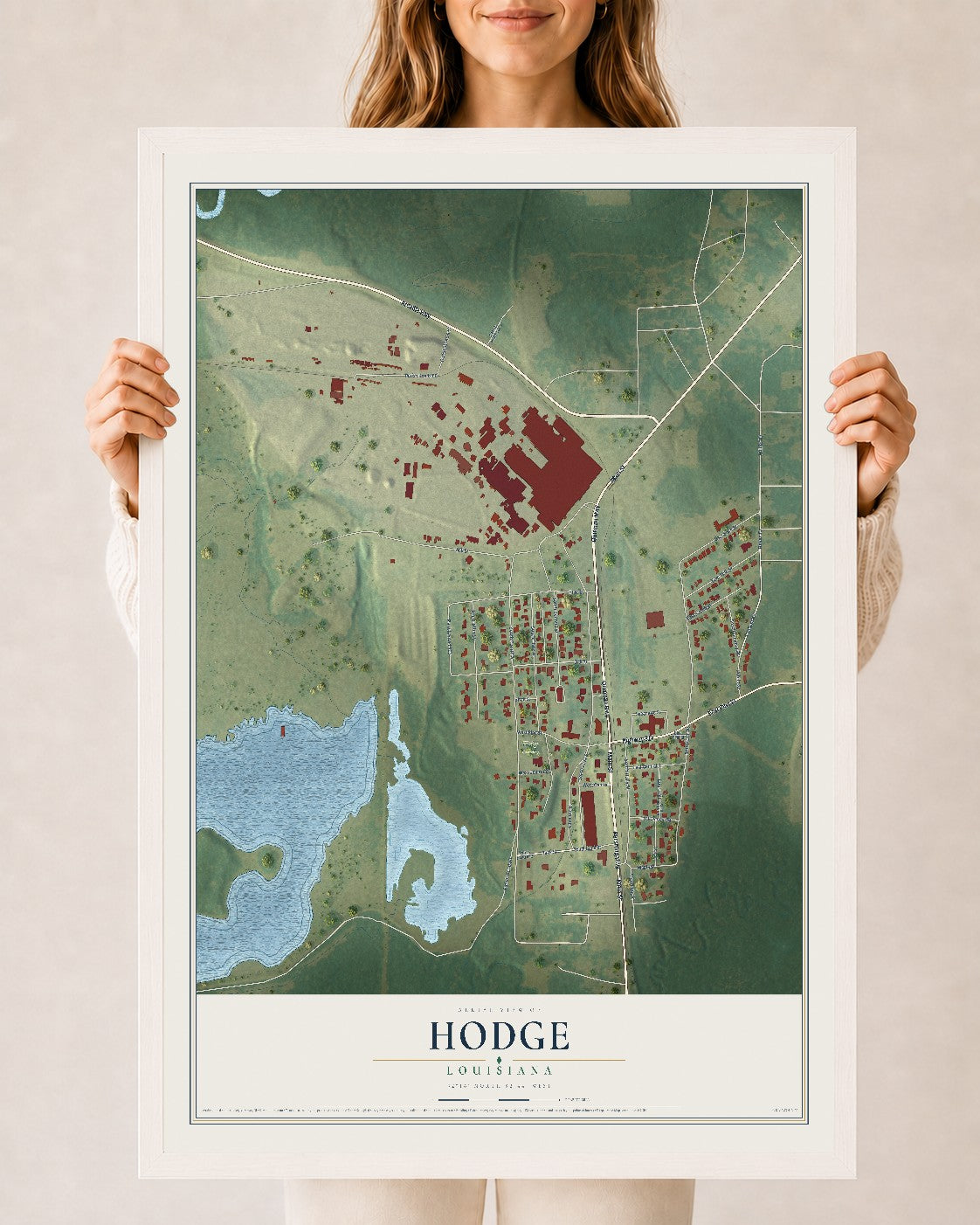 Map of Hodge, Louisiana, 24 x 36 inch print in a white wood frame