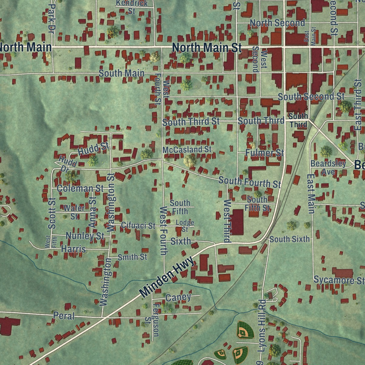 Close-up of the map of Homer, Louisiana print showing street and building detail