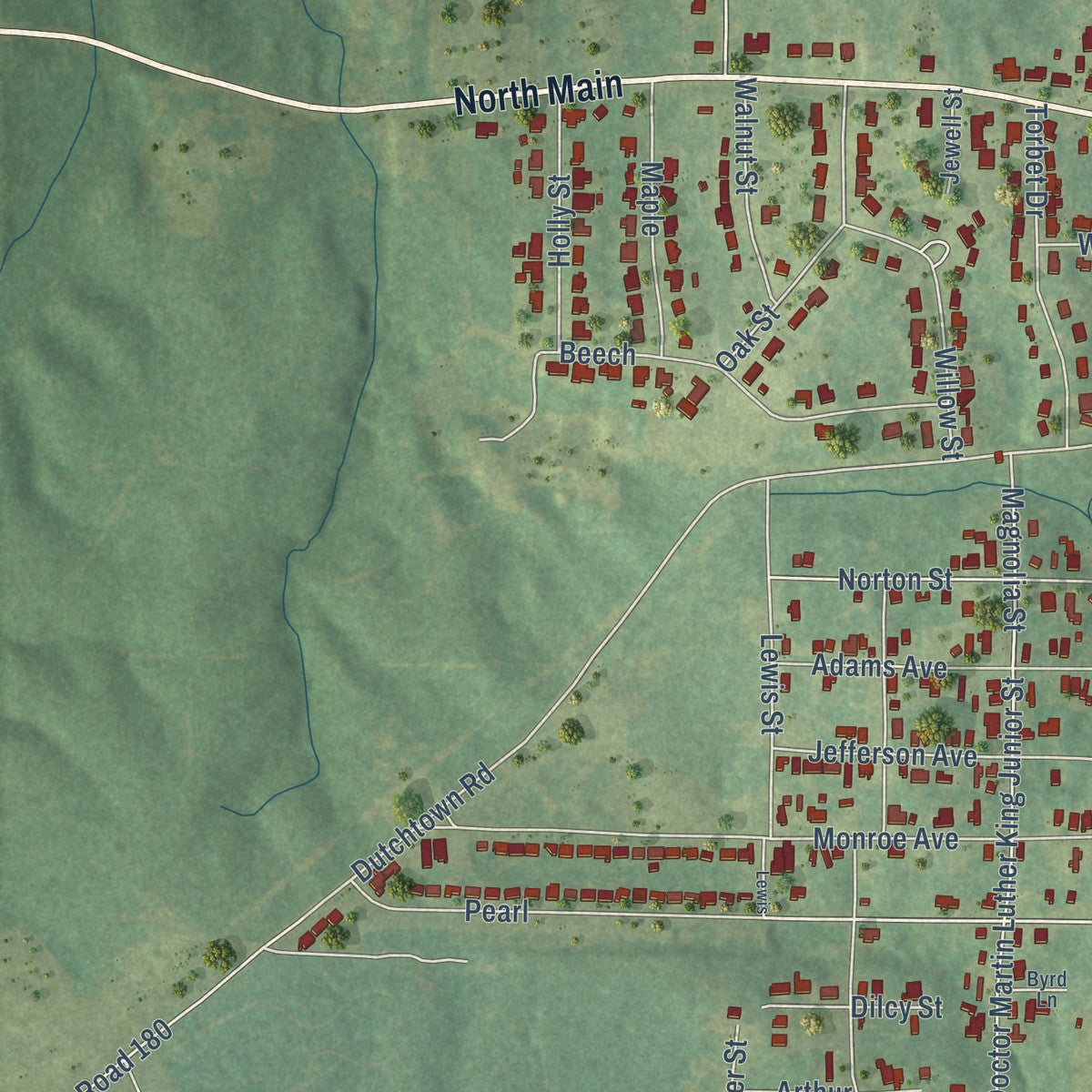Second close-up of the map of Homer, Louisiana print showing more streets and buildings