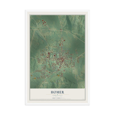 Map of Homer, Louisiana, 12 x 18 inch print in a white wood frame