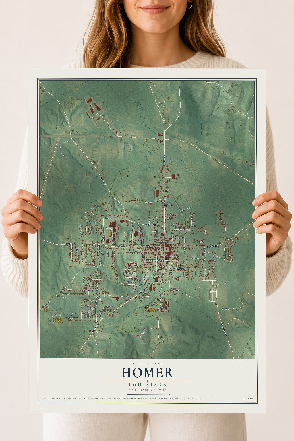 Map of Homer, Louisiana, 18 x 24 inch unframed archival matte print
