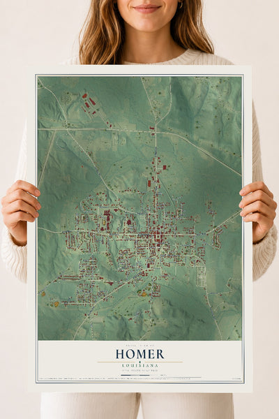 Map of Homer, Louisiana, 18 x 24 inch unframed archival matte print