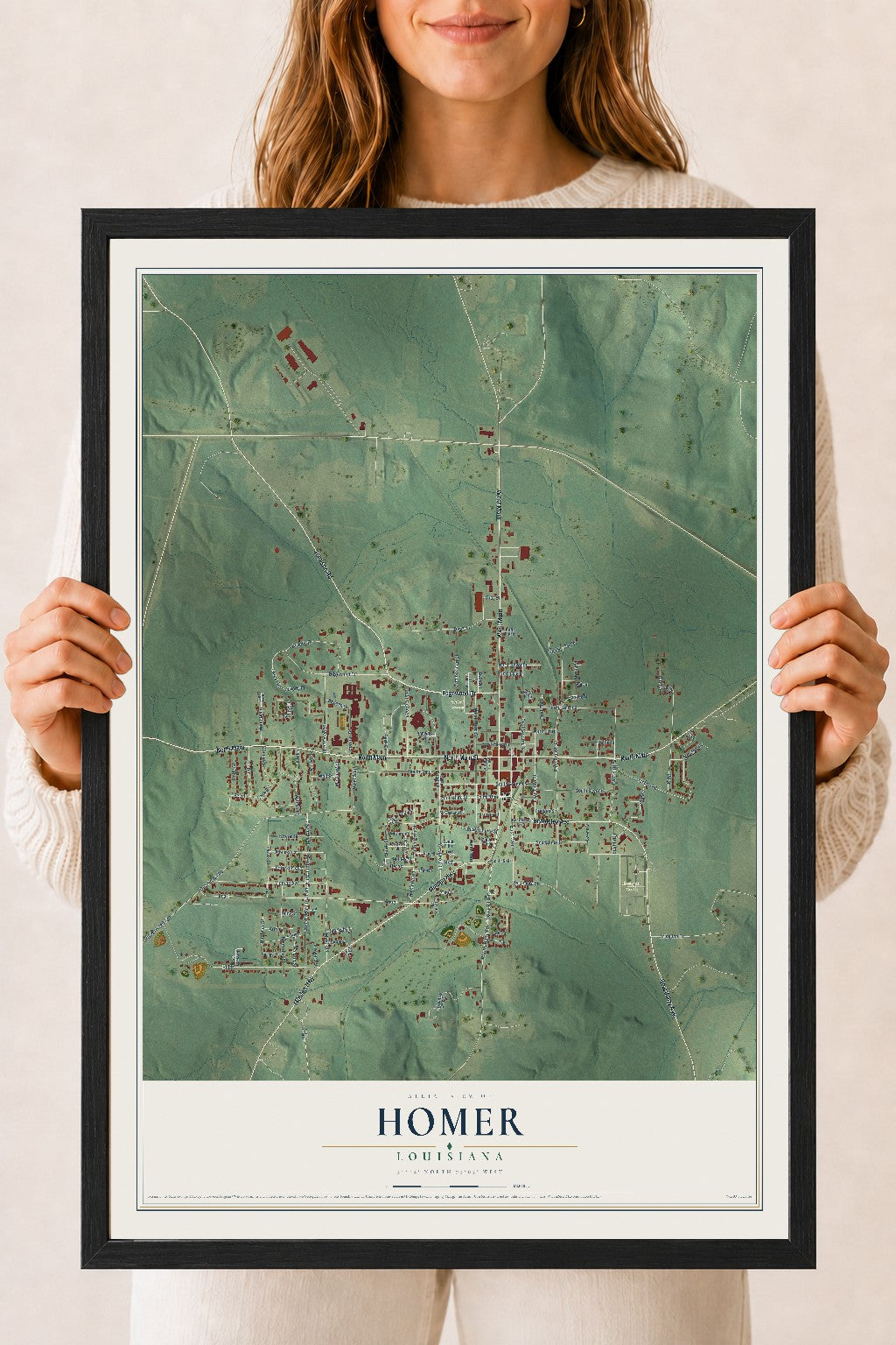 Map of Homer, Louisiana, 18 x 24 inch print in a black wood frame