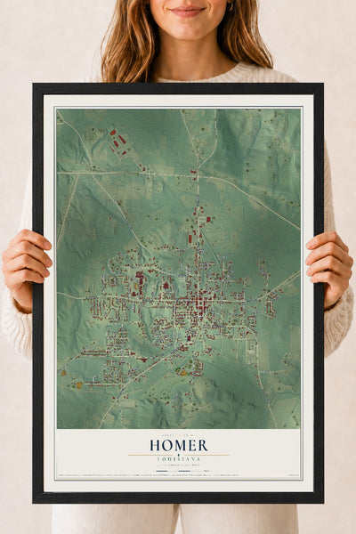Map of Homer, Louisiana, 18 x 24 inch print in a black wood frame