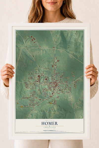 Map of Homer, Louisiana, 18 x 24 inch print in a white wood frame