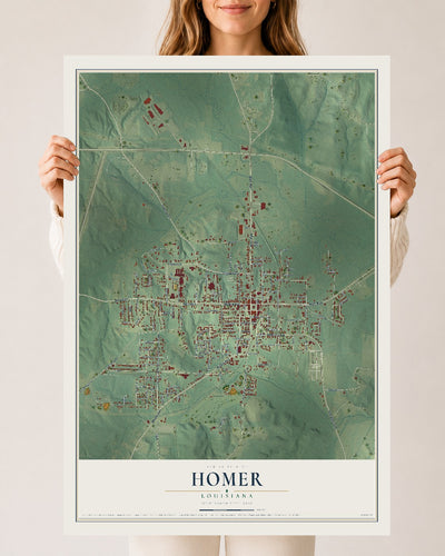 Map of Homer, Louisiana, 24 x 36 inch unframed archival matte print