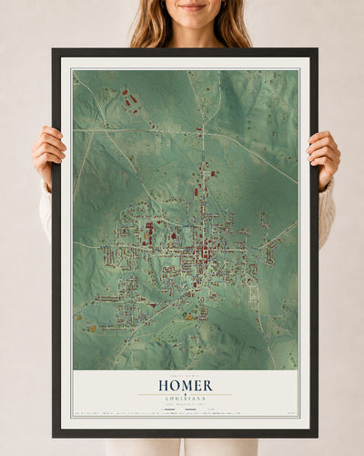 Map of Homer, Louisiana, 24 x 36 inch print in a black wood frame