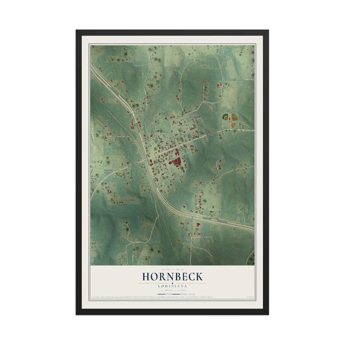 Map of Hornbeck, Louisiana, 12 x 18 inch print in a black wood frame